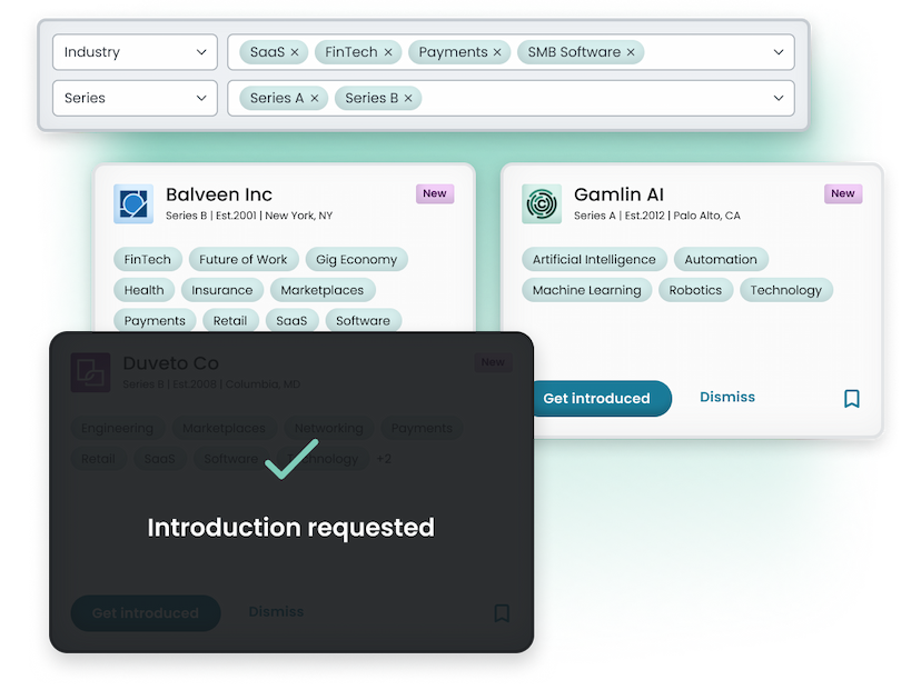 Screenshot illustration of Networking features including ability to filter, view entity details, match with potential investors and request introductions